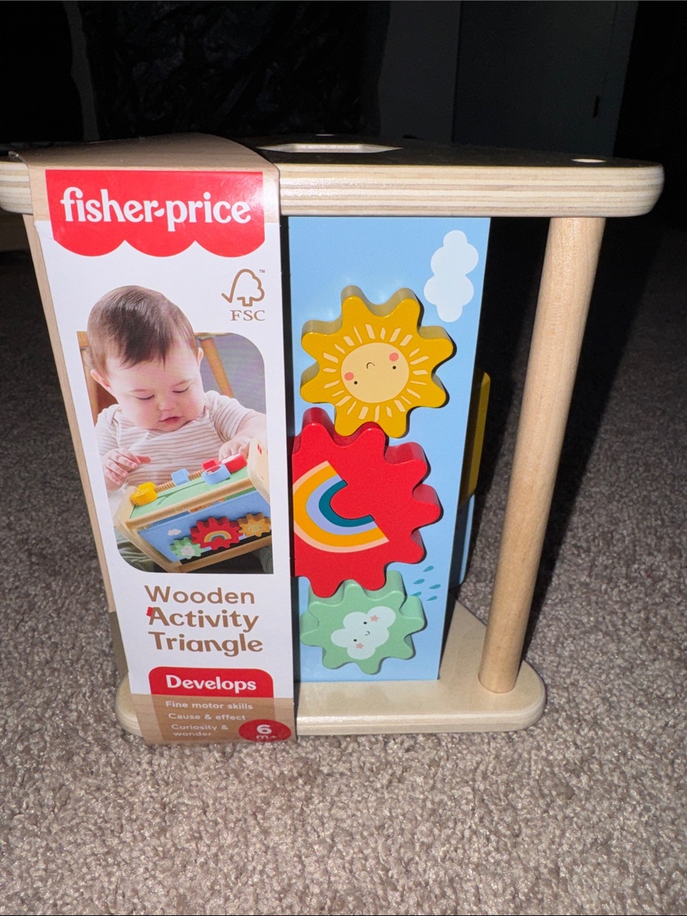 Fisher-Price Wooden Activity Triangle - Colorful Sun, Red Gear & Green Gear